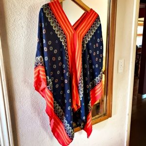 Tunic. Ocean blue, coral border.